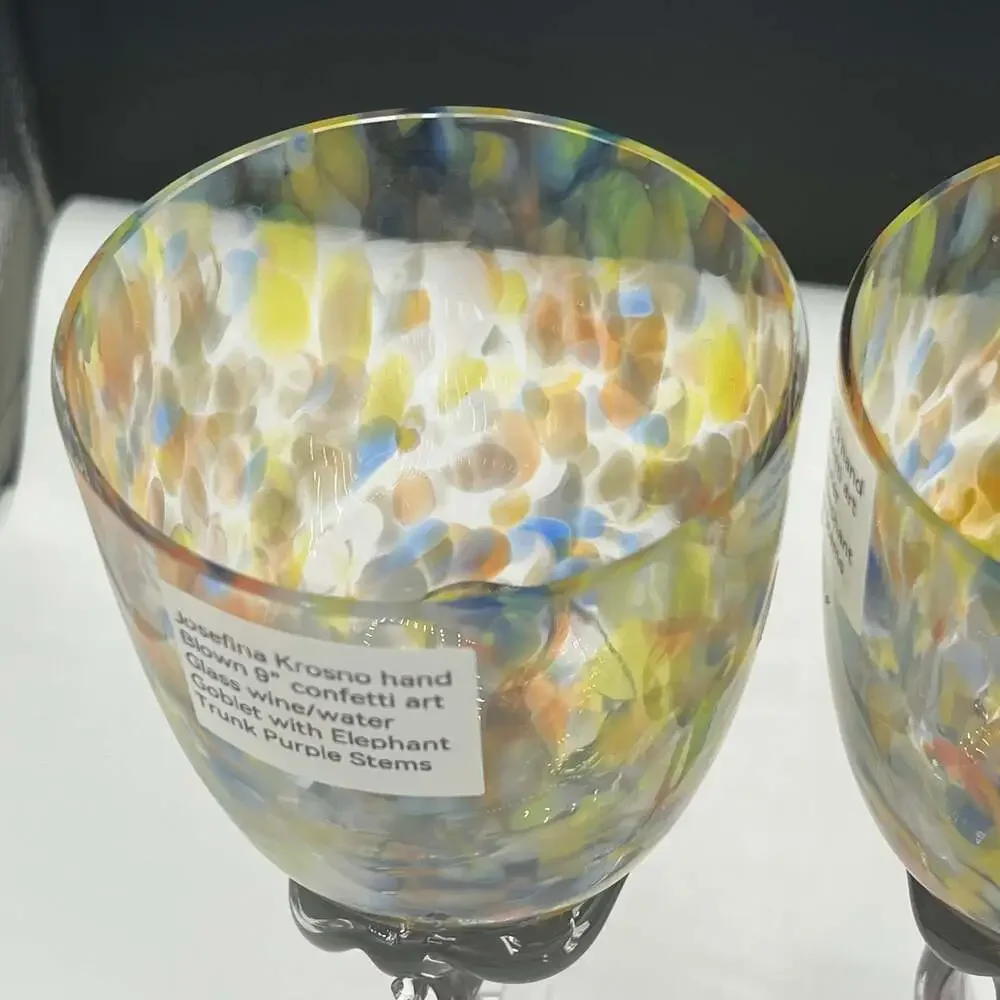 Jozefina Krosno Poland Wine Set of 2 Glass Goblets Multi Color Confetti  9